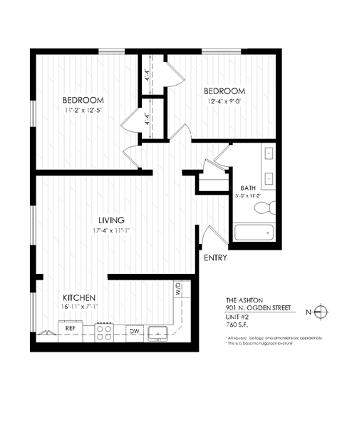 Floor plan for 2 beds, 1 bath, 835 sqft